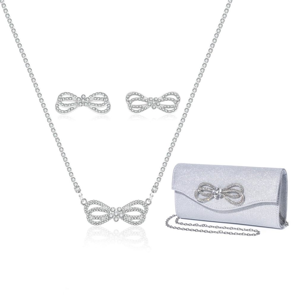 Detara Elegant Rhinestone Bow Event Bundle - Crystal Bow Clutch & Jewelry Set